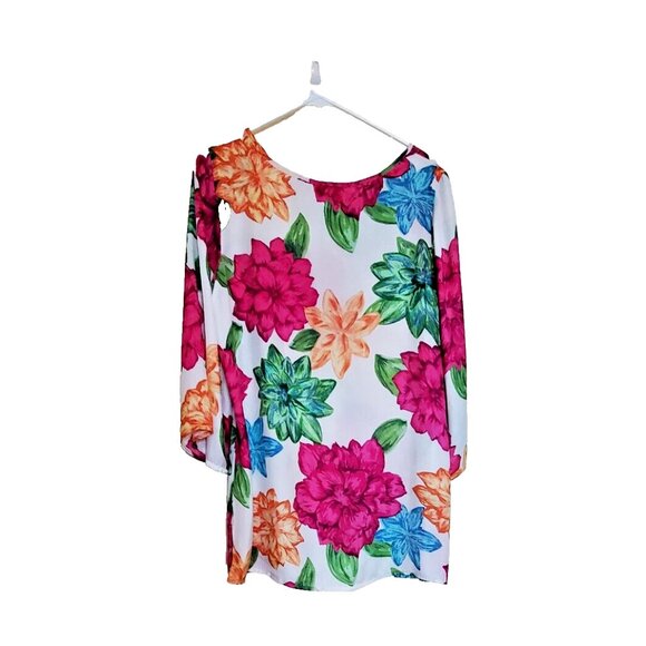 Charter Club Top Floral Size 0X Soft Flowy Sheer Bell Sleeves Side Slits - Picture 2 of 10